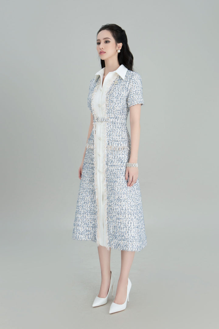 DARLING DIVA Đầm Sơ Mi Dài Tweet Lấp Lánh Thiết Kế Sang Trọng Yuki Dress