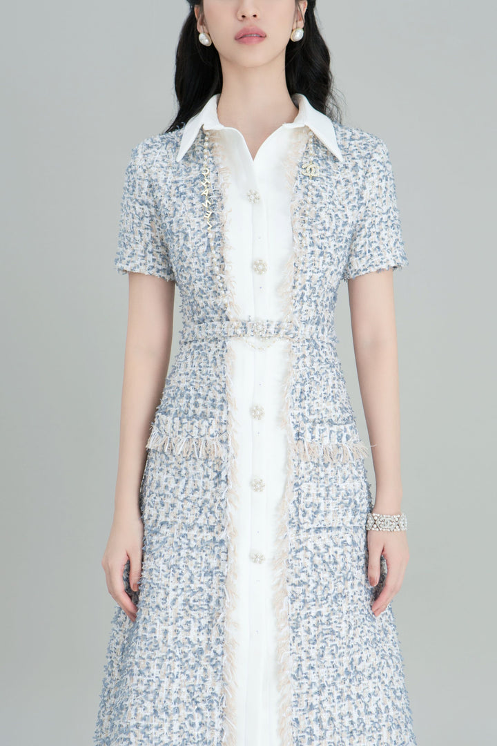 DARLING DIVA Đầm Sơ Mi Dài Tweet Lấp Lánh Thiết Kế Sang Trọng Yuki Dress
