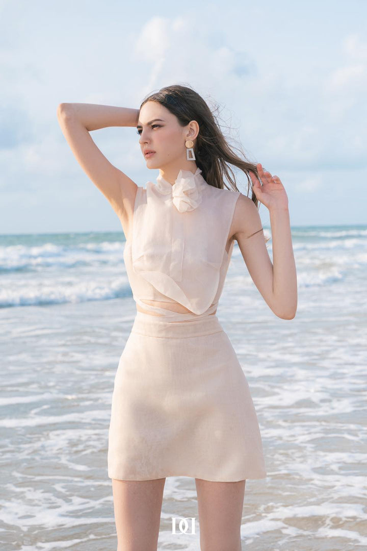 DARLING DIVA Áo hoa nơ cổ croptop & Váy chữ A ngắn Kazuha Set