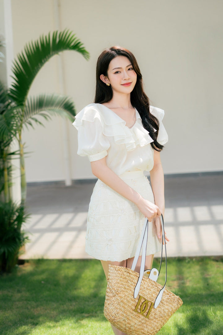 DARLING DIVA Áo tay phồng bèo cổ & Chân váy ngắn chữ A Harley Set