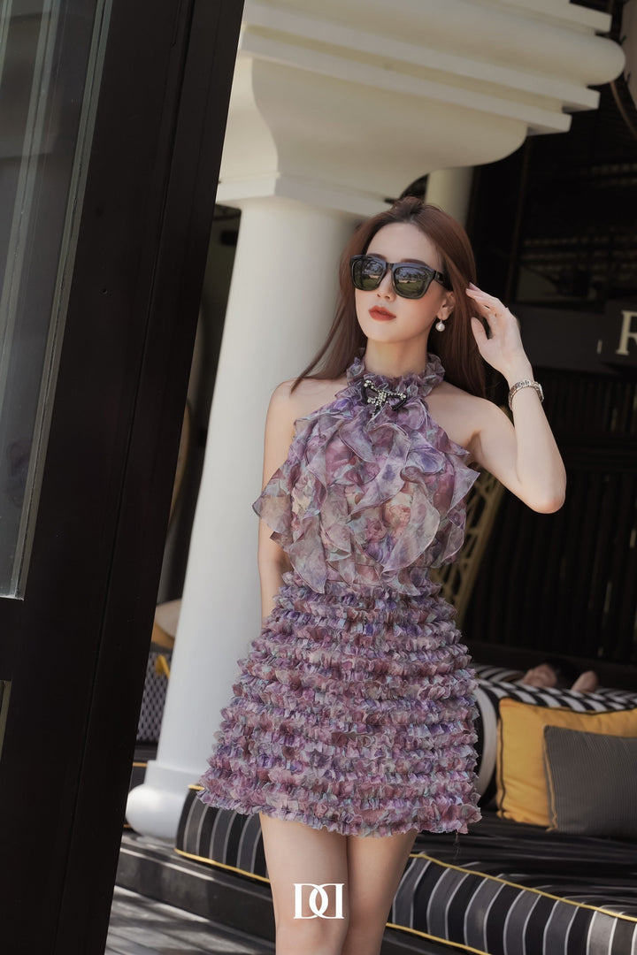 DARLING DIVA Acacia Halter Ruffled Chiffon Mini Dress